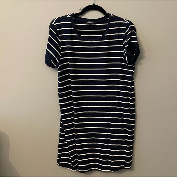 Lulu’s Cafe Society Navy Blue Striped Shirt Dress in Medium - Picture 3 of 5